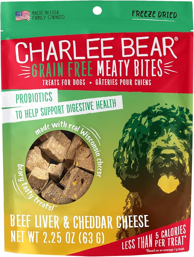 Charlee Bear Grain Free Meaty Bites Freeze Dried Dog Treats, Beef and Cheese, 2.25 Ounce Resealable Bag, Training Treats or Meal Topper Dogs, High Protein Dog Snacks, Made in USA