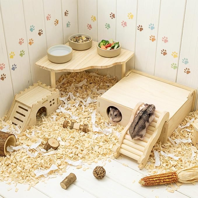 BreezeHug 4 Pcs Hamster Platform Hideout Wooden Tunnel Ladder Playhouse Hamster Game Climbing Toy with Platform Cage Accessories for Small Pets Dwarf Syrian Mice Degus Gerbils Squirrel(Castle)
