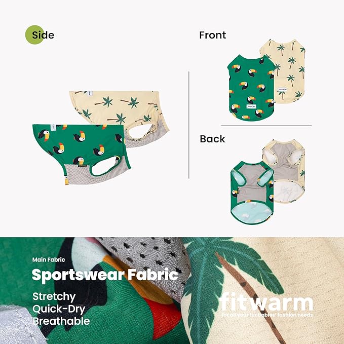 Fitwarm 2 Pack Toucan & Palm Tree UPF 50+ Sun UV Protection Dog Shirt, Lightweight Cooling Vest, Quick Dry Summer Clothes for Small Dogs Boy Girl, Pet Outfit, Green, Beige, XS