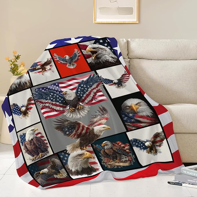 Eagle Throw Blanket American Flag Bald Eagle Stuff Gifts for Kids Girls Boys Adults Women Men Soft Cozy Warm Plush Fluffy Fuzzy Fleece Blanket Decor 60''X80''
