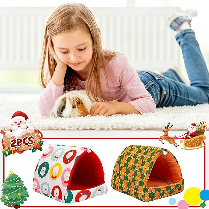 UPINS 2 Pack Christmas Guinea Pig Hideout,Guinea Pig Bed Washable Small Animal House Cage Accessories for Chinchillas Hamsters Hedgehogs Ferrets Bearded Dragons and Rats