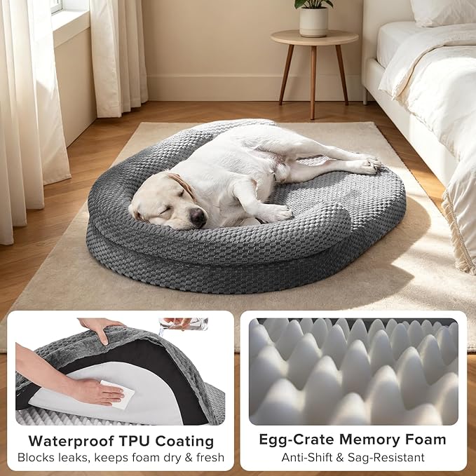 JOEJOY XXL Orthopedic Dog Beds, Extra Large Washable Waterproof Oval Dog Bed with with Removable Cover, Egg-Crate Memory Foam Pet Bed with Bolster Sides & Non-Skid Bottom, Dark Grey, 48''x35''