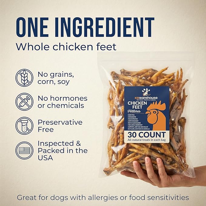 K9warehouse Chicken Feet for Dogs - 30 Count, Dehydrated Chicken Dog Treats, 100% Natural, High Protein, Single Ingredient Chews, Support Dental Health - Ideal for Chewing - USA Company