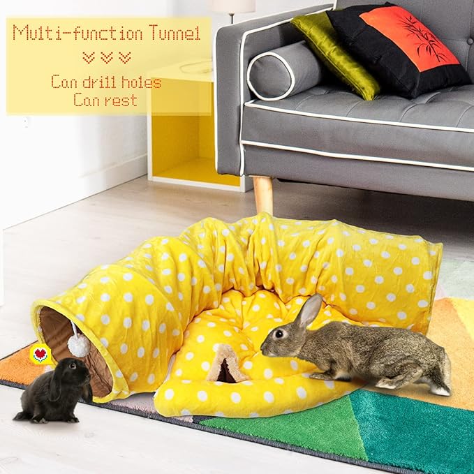 BWOGUE Bunny Tunnel Bed, 2-in-1 Collapsible Tunnel Tubes Toys with Removable Mat Hideout for Cats Kittens Rabbits Guinea Pigs Kitty