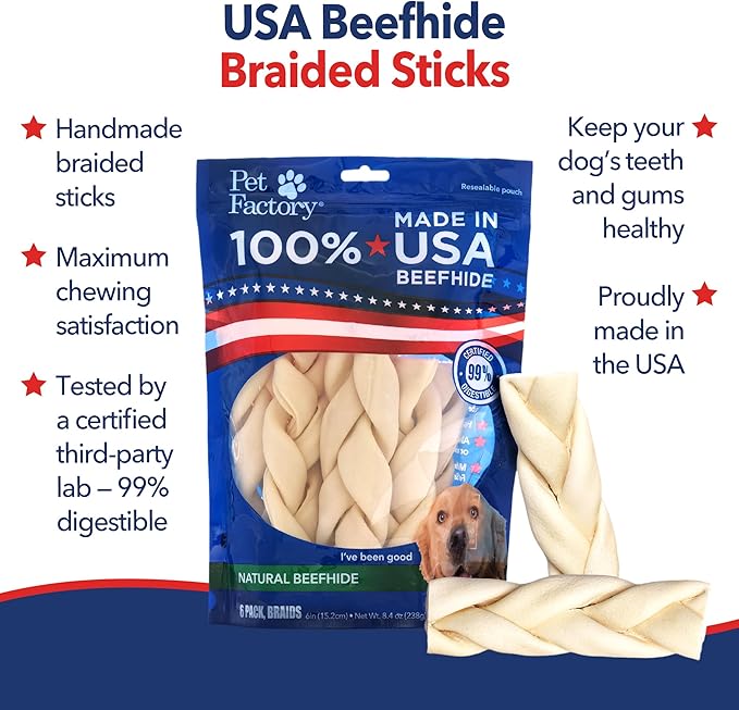 Pet Factory Beefhide Braided Sticks Dog Chews Long Lasting - 100% Made in USA Natural Rawhide from American Cattle Promotes Dental Health, Thick & Durable Chews for Dogs