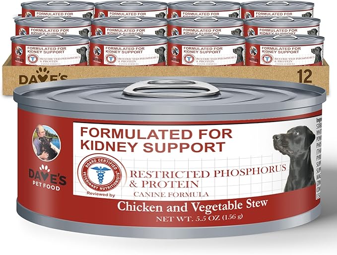 Dave's Pet Food Kidney Support for Dogs (Chicken & Vegetable Stew) - Low Phosphorus & Low Protein Wet Canned Dog Food for Renal Health - No Prescription Needed - 5.5 oz (Case of 12)