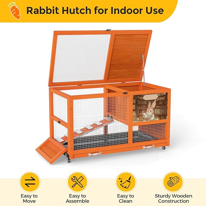 COZIWOW 36.5-Inch Double-Decker Wooden Rabbit Hutch with Wheels, Featuring A Cleaning Tray and Ladder—Stylish and Easy to Assemble（Orange and Pattern）