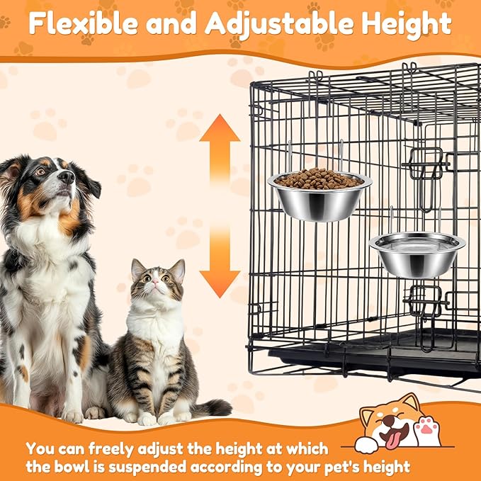 6 Pack Hanging Dog Kennel Bowls, No Spill Crate Water Bowl Food Feeder for Cage Removable Coop Cup with Hook Holder for Puppy Small Cat Ferret Rabbit Stainless Steel Dogs Dish 10 & 20oz