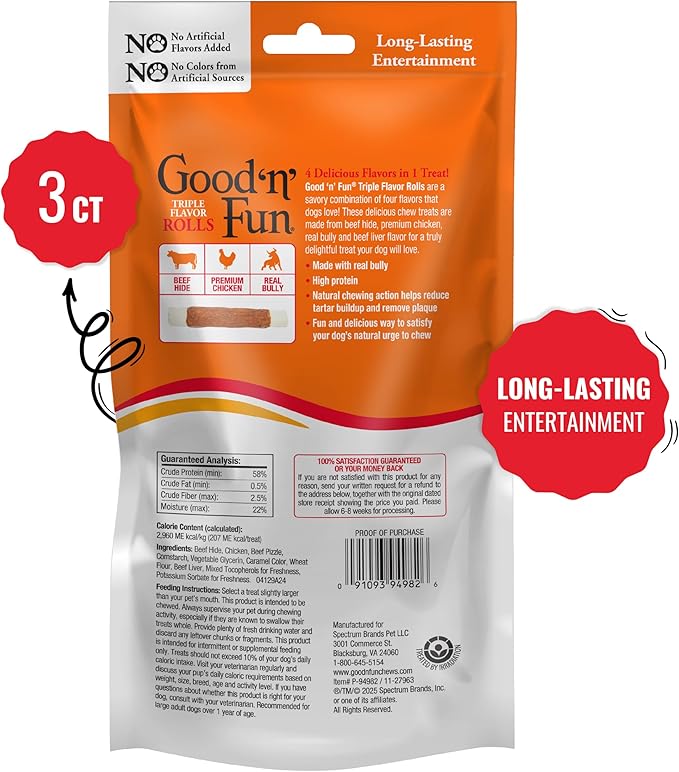 GOOD 'N' FUN Triple Flavor Rolls with Bully Chews, 3 Count, High-Protein Dog Treat for Large Adult Dogs, Made with Real Beef Hide, Chicken, Bully & Beef Liver Flavor