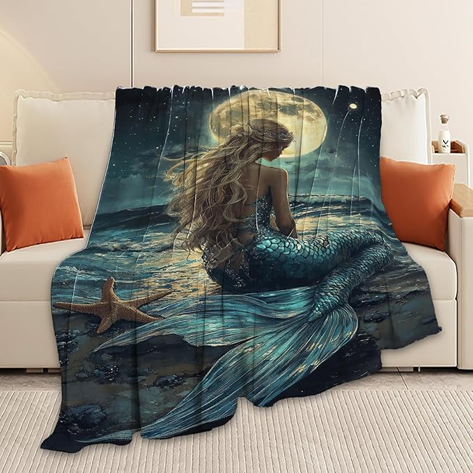 Mermaid Throw Blanket Beach Moon Night Mermaid Stuff Gifts for Kids Girls Boys Adults Women Men Soft Cozy Warm Plush Fluffy Fuzzy Fleece Blanket Decor 50''X60''