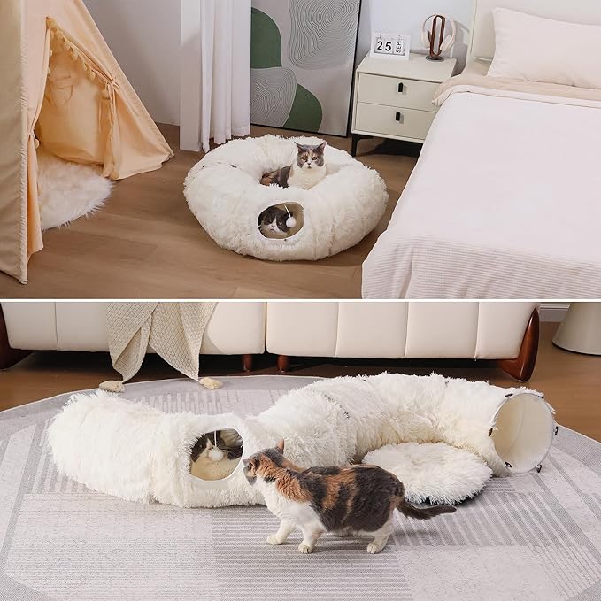 Cat Tunnel with Bed – Soft Plush Peekaboo Donut Cave for Indoor Cats | Under Christmas Tree Hideaway & Multifunctional Playground Toy for Kittens, Rabbits, Ferrets (Long-Pile Fabric White)
