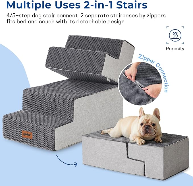ZOMISIA Dog Stairs for Small Dogs - Pet Stairs 2 in 1 with Zippers Suitable for Couch and Bed, 35D Foam Dog Steps with Non Slip Bottom Grey 4 Steps, Grey