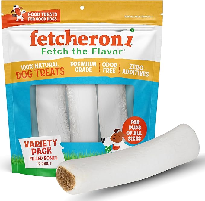 Stuffed Shin Bones for Dogs - Variety Filled Treats - Bacon & Cheese, Peanut Butter, and Beef Flavor - 5-6 Inch Dental Chews - High Protein - for Small, Medium and Large Pets - 3 Pack