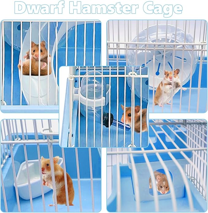 PINVNBY 2-Tier Dwarf Hamster Cage, Travel Portable Mouse Cage Gerbil Cages and Habitats Small Animal Carrier with Castle House Exercise Wheels, Water Bottle and Food Dish(Blue)