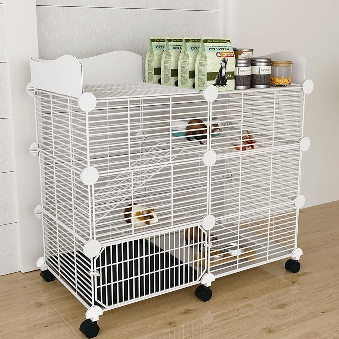 STILLCOVE Large Guinea Pig Cages Indoor on Wheels, 3 Tier C&C Ferret Cage Small Animal Hideout House with Top & Removable Tray, Pet Playpen Fence for 1-3 Hamster, Rat, Chinchilla, Hedgehog