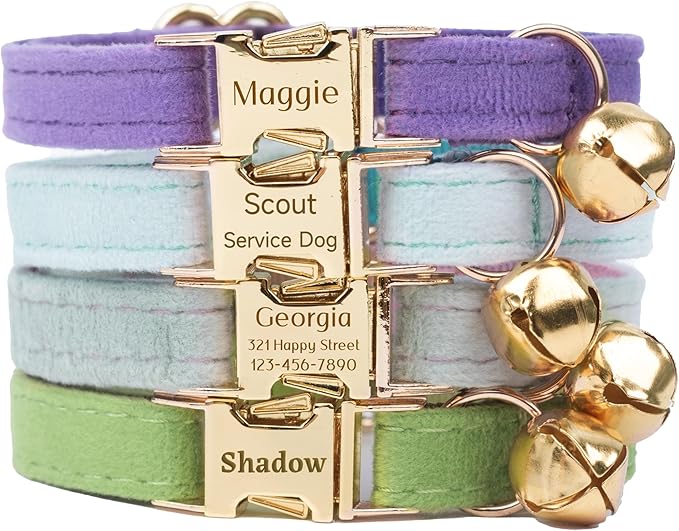 Personalized Colorful Velvet Cat Collar with Light Gold Buckle Engraved Name & Phone, Adjustable Size with Bell, Optional Bowtie, Leash and Airtag Holder for Cats & Kittens