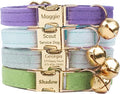 Personalized Colorful Velvet Cat Collar with Light Gold Buckle Engraved Name & Phone, Adjustable Size with Bell, Optional Bowtie, Leash and Airtag Holder for Cats & Kittens