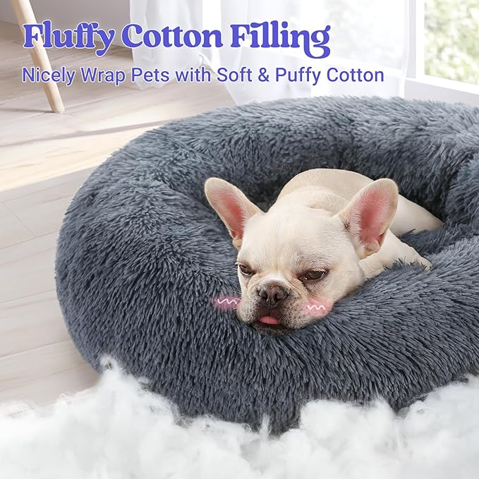rabbitgoo Dog Bed for Small, 24 inches Machine Washable, Fluffy Donut Pet Bed Anti-Slip, Calming Soft Plush Round Cushion, Fits up to 18 lbs Pets, Dark Grey