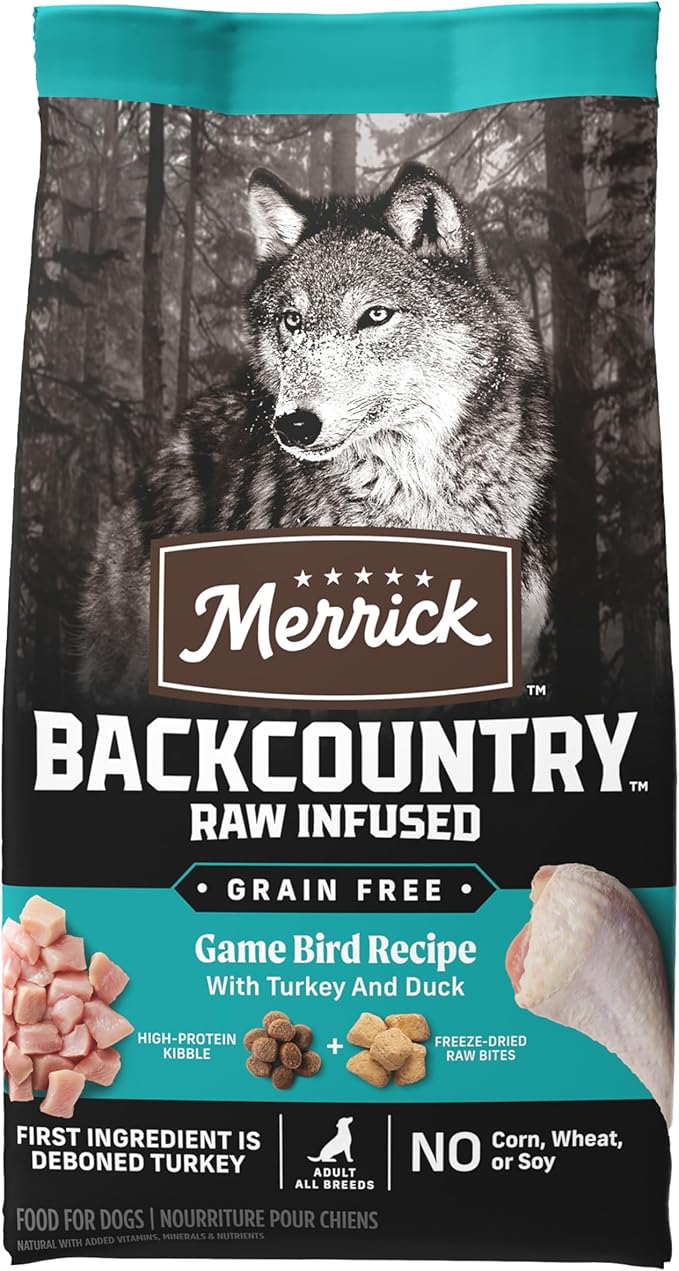 Merrick Backcountry Grain Free Dry Adult Dog Food, Kibble With Freeze Dried Raw Pieces, Game Bird Recipe - 4.0 lb. Bag