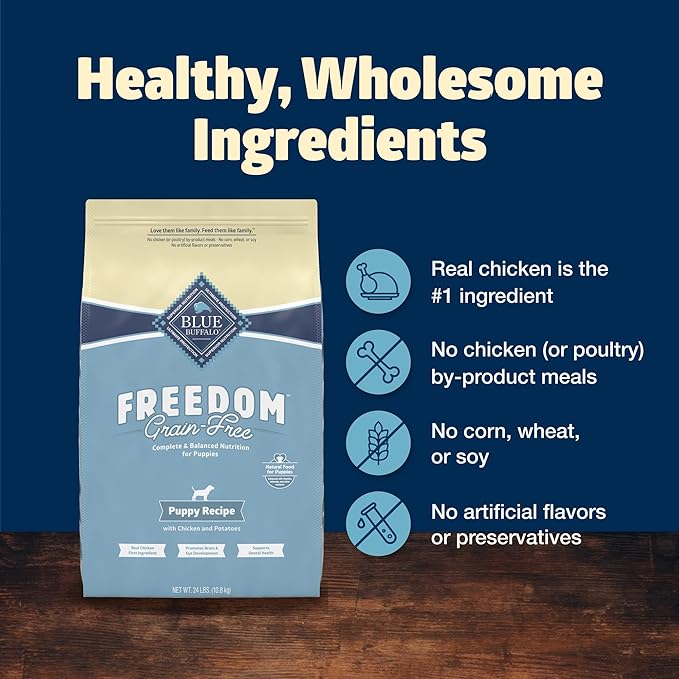 Blue Buffalo Freedom Grain-Free Puppy Dry Dog Food with DHA, Complete & Balanced Nutrition for Puppies, Made in the USA, Chicken & Potatoes, 24-lb Bag