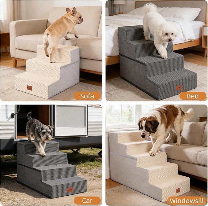 Dog Stairs for Small Dogs, 13.5" H, 3-Step Pet Steps for Couch Sofa and Chair, Non-Slip Balanced Pet Ramp for Medium Cats,Indoor Dog Ladder, Beige