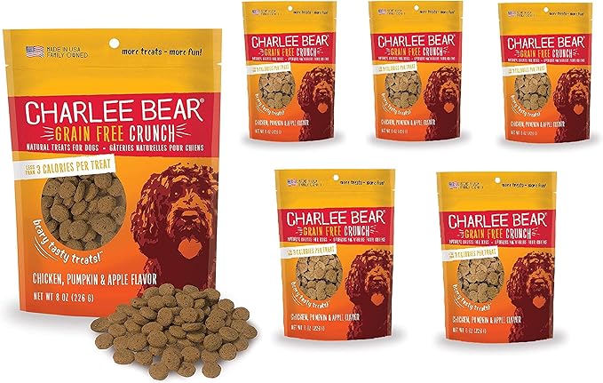 Charlee Bear Dog Training Treats for Small, Medium & Large Breeds, Crunchy Low Calorie Grain Free Dog Treats, USA Made, Chicken, Pumpkin & Apple, 6 Pack, 8oz Each