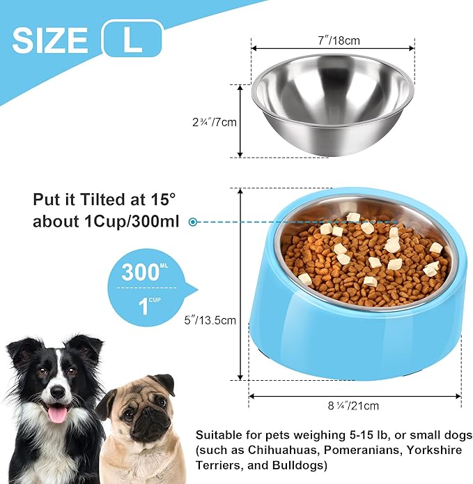 Tilted Dog Bowl Non-Slip & Non-Spill Pet Feeder with Elevated Detachable Melamine Stand, Easy to Get Food Dog Dish, L/300ml Sky Blue