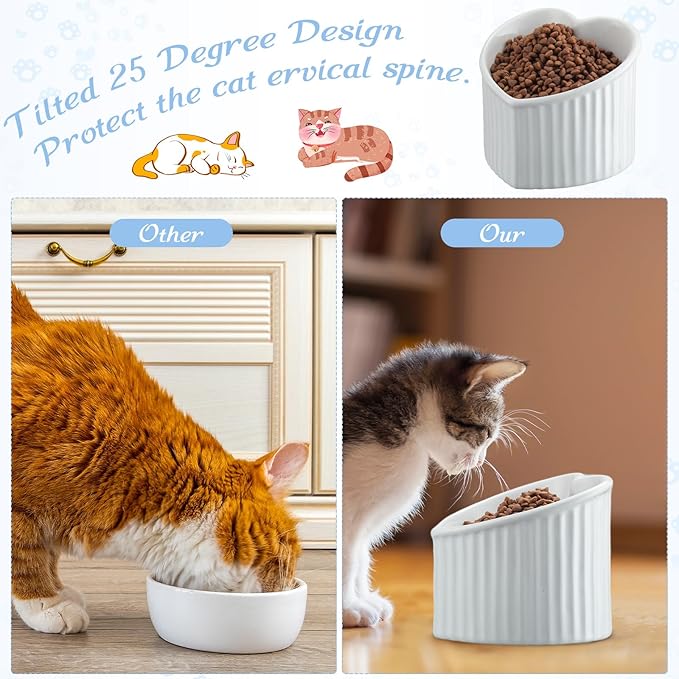 Mumufy 2 Pcs Ceramic Elevated Cat Bowls Tilted Elevated Raised Pet Bowls Anti Vomit Cat Dish for Indoor Stress Free Water Dish Feeder for Puppies, Heart Shaped(Pearly White)