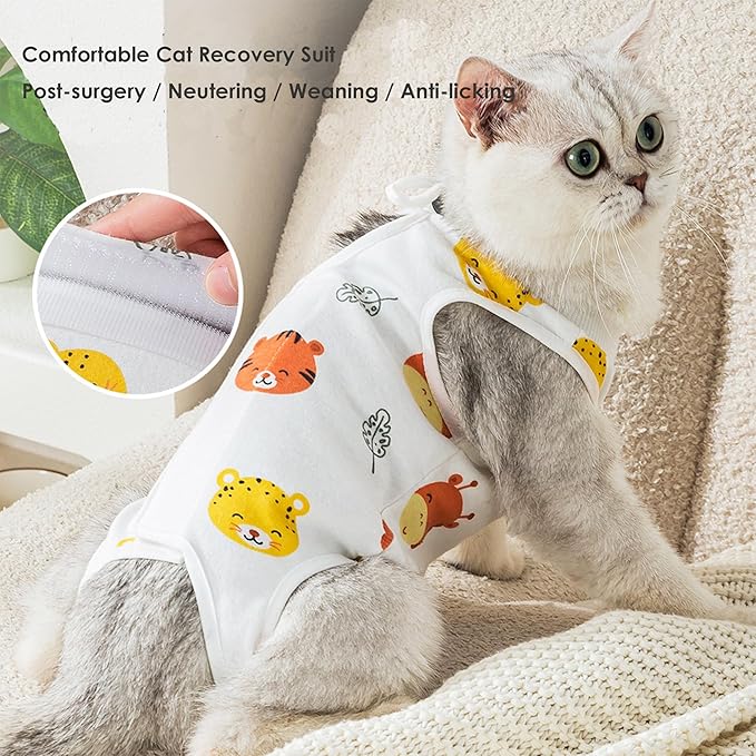 Cat Recovery Suit for Spay & Surgery – Breathable Anti-Lick Cone Alternative Onesie, Adjustable Velcro (Grey, S)