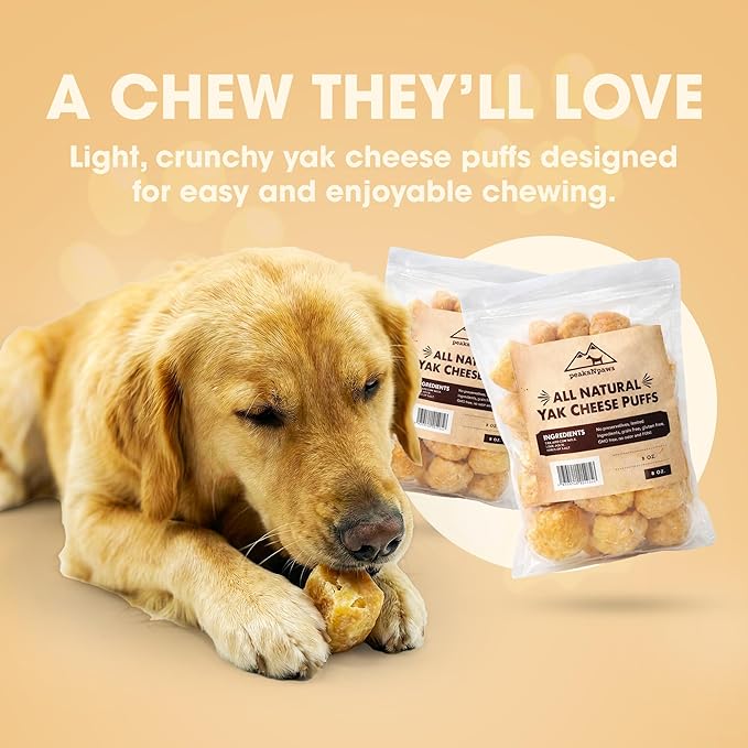 peaksNpaws Yak Cheese Puffs for Dogs, Natural Himalayan Yak Chews, Crunchy & Digestible Dog Treats, High Protein Cheese Puffs for All Breeds (8 oz)