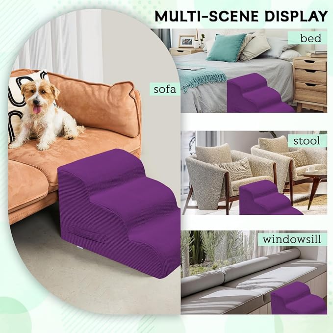 Mesa Lemon Dog Steps for Small Dogs, 4-Step Dog Ramp and Stairs for High Beds and Sofa, Non-Slip Pet Stairs Removable and Easy to Clean Cover, Purple