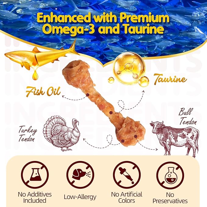TailParty Turkey Tendons for Dogs with Fish Oil & Taurine: All Natural Dental Chews & Training Treats for Large Dogs, Long Lasting Snack for Health-Conscious Pet Owners(Bone, 8 oz)