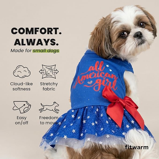 Fitwarm All American Girl Dog Dress, 4th of July Dog Clothes for Small Dogs Girl, Patriotic Dog Tulle Dress, Pet Outfit, Royal Blue, Red, White, XS