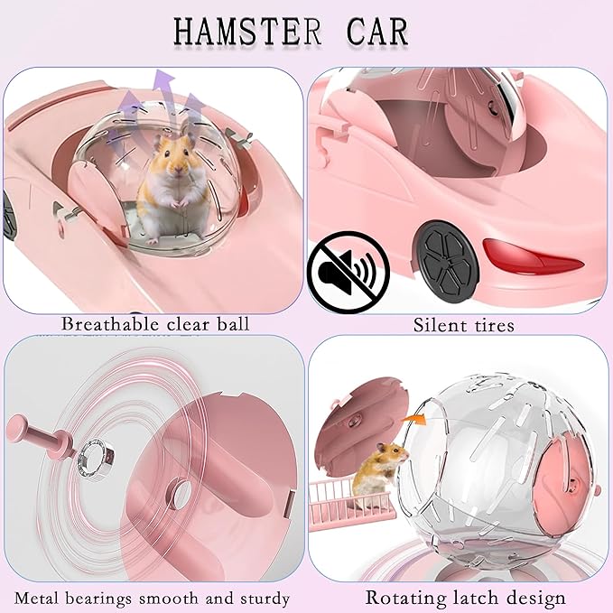 3-in-1 Hamster Car Toy, Silent Dwarf Hamster Running Ball and Exercise Wheel, 4.8 Inches, Small Pet Activity Center
