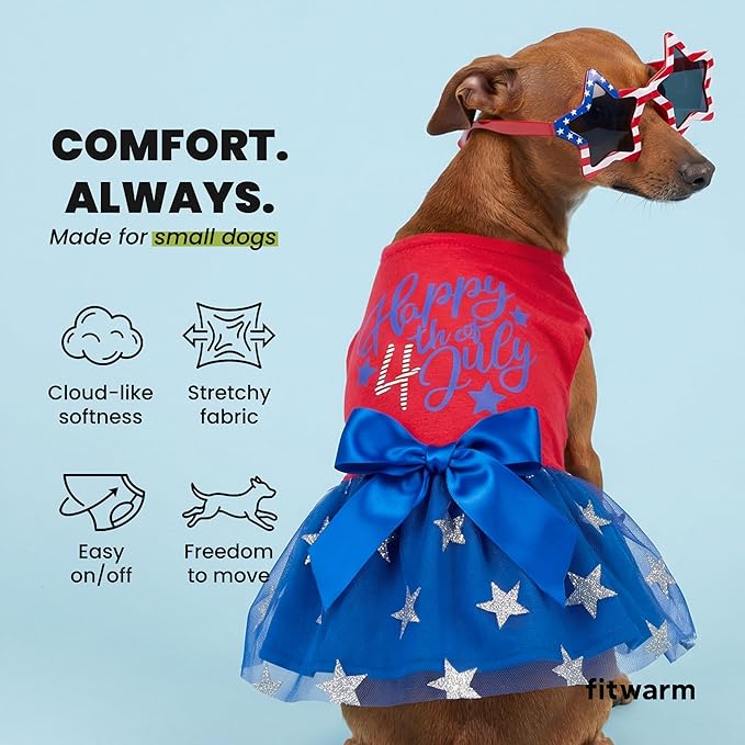 Fitwarm Happy 4th of July Dog Tulle Dress, Patriotic Dog Clothes for Small Dogs Girl, Red and White Star Pet Outfit, Red, Royal Blue, Medium