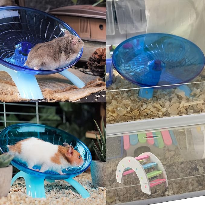 2 Pack Dwarf Hamster Flying Saucer Exercise Wheel Toy & Wood Rat Bridge Rainbow Climb-ABS Plastic Running & Jogging Silent Spinner-for Small Mouse Hedgehog Mice Cage