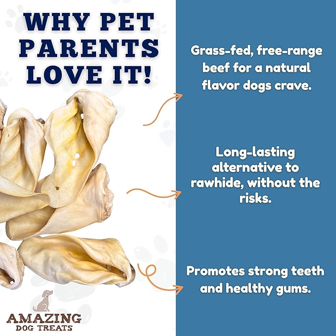 Amazing Dog Treats - Cow Ears for Dogs - Full Size (12 Pack) - Thick-Cut 100% Beef - All Natural Rawhide Alternative- Safe No Hide Dog Chew