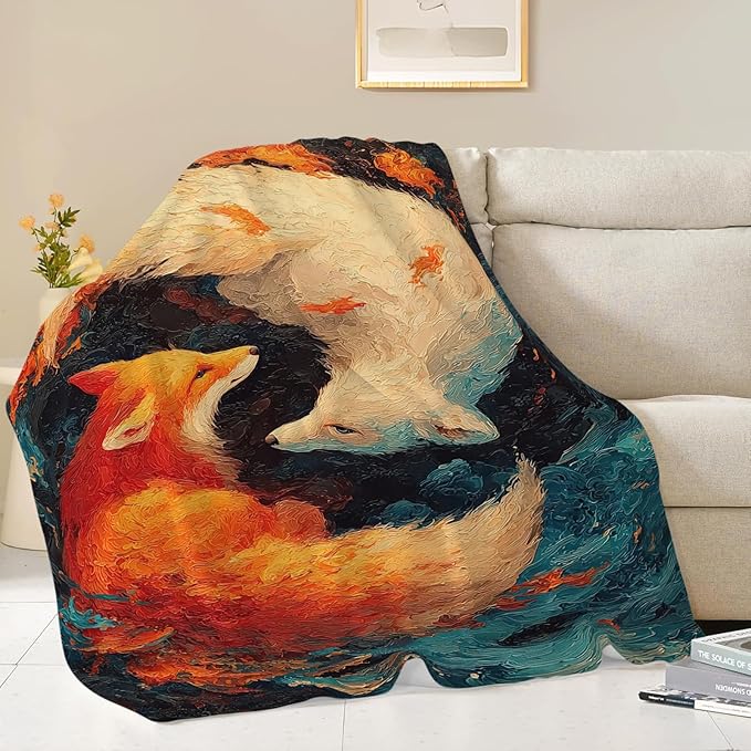 Fox Throw Blanket Orange and White Fox Stuff Gifts for Kids Girls Boys Adults Women Men Soft Cozy Warm Plush Fluffy Fuzzy Fleece Blanket Decor 60''X80''