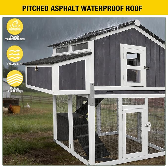Large Chicken Coop, Wooden Chicken Coops with Nesting Boxes and Removable Tray, Waterproof Hen House with Asphalt Roof, Poultry Cage for Outdoor Backyard, Unique Folding Design (Black)