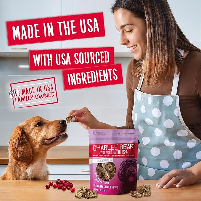 Charlee Bear Crunchy Dog Treats, Bearnola Bites Cranberry Cobbler, Puppy Training Treats, Vegan Dog Snacks, 8 oz Bags (2), Made USA