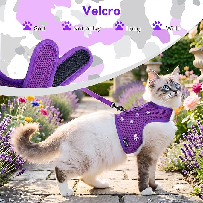 Kitty Harness and Leash for Walking Escape Proof Breathable Mesh Fabric, Purple, X-Small, Adjustable Cat Walking Jackets with DIY Beads, Padded Stylish Cat Vest