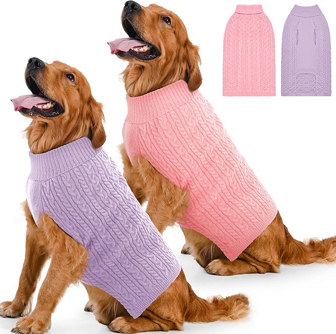2 Pack Dog Sweaters for Large Dogs Winter Turtleneck Pullover Cable Knit Fleece Stretch Pitbull Labrador Golden Retriever Doberman Bulldog Boy Girl Pet Clothes (XXL, Pink & Purple)
