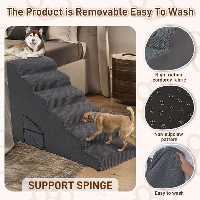 Dog Stairs for High Beds 30-36 inches Tall, 6-Step Dog Steps for Small Dogs Senior Dogs & Cats, 6 Steps Memory Foam Pet Steps with 3 Ramps, Non-Slip Removable Washable Cover, Grey