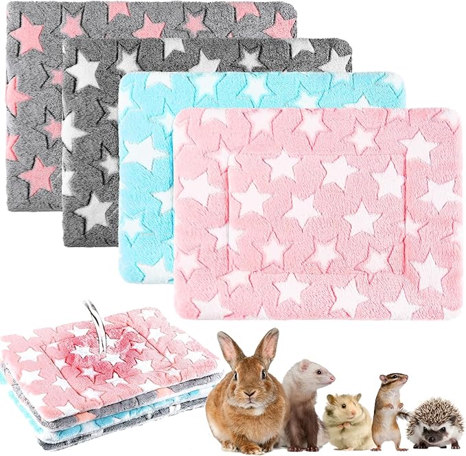 Haull 4 Pcs Waterproof Guinea Pig Bedding Guinea Pig Bed Plush Cage Liners Soft Rabbit Dog Crate Pad Cat Mat Reversible Cozy Animal Pee Pad Hamster Bunny Mat Accessory(Cute Star,13 x 10 Inch)
