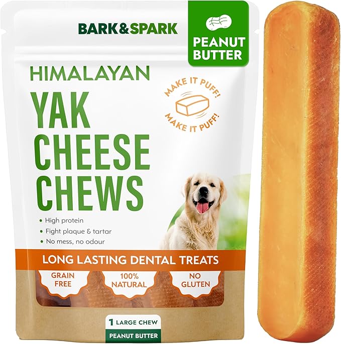 BARK&SPARK Yak Cheese Himalayan Dog Chews - 100% Natural & Long Lasting Dog Treats, Yak Milk Chews for Small, Medium & Large Dogs (1 Large Chew)