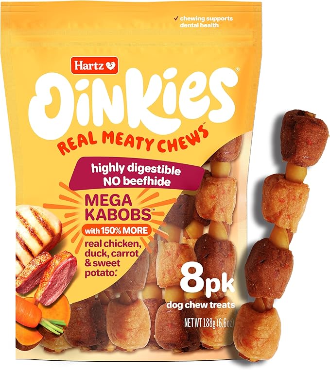 Hartz Oinkies Mega Kabobs with 100% Real Chicken Breast, Duck, Carrot & Sweet Potato Flavorful Beefhide-Free Natural Dog Treats, 8 Count