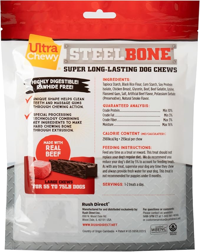 Ultra Chewy Steel Bones Large Size Beef Flavor - Super Long Lasting Dog Chews - Rawhide Free & Highly Digestible - Unique Shape Helps Clean Teeth - Ideal Dog Bones for Aggressive Chewers