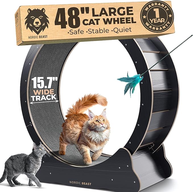 Nordic Beast 48'' XL Cat Wheel – Safe, Quiet & Stable Exercise Wheel for Large Indoor Cats up to 45 lbs – 15.7'' Extra-Wide Surface Fits 2 Cats Side by Side & Prevents Wobbling, 1-Year Warranty
