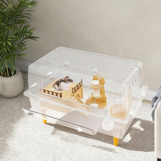 Hamster Cage Clear Luxurious Mice and Rat Habitat with Exercise Wheel, Dual Door Design, 3.54" H Leg Stand, Small Animal Cage for Hamsters, Guinea Pigs, Hedgehogs 23.6" Lx14.5 Wx12.6 H