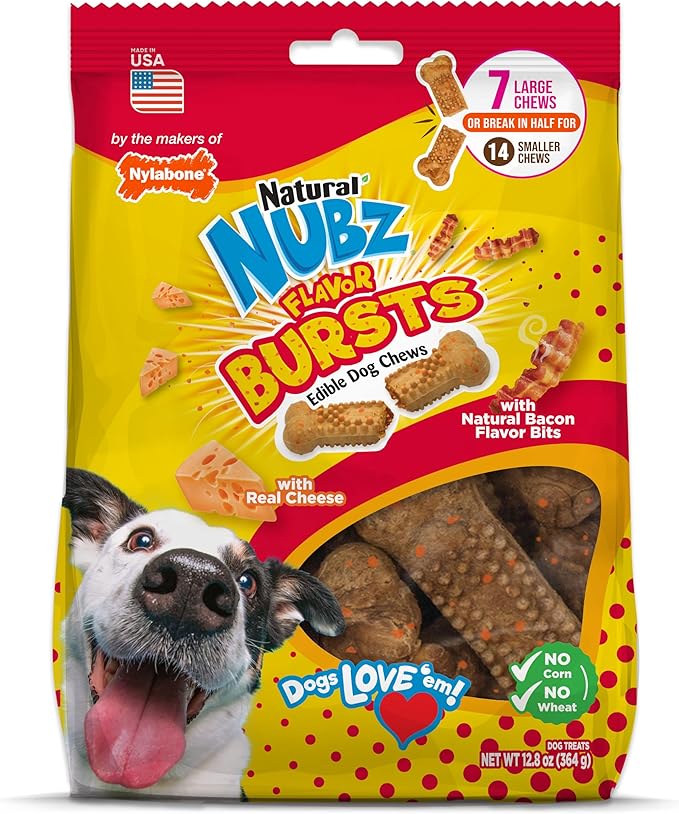 Nylabone Nubz Flavor Bursts Natural Dog Chews for Small Dogs, Long Lasting Chew Bones Made in the USA, Grain-Free Dog Treats, Bacon & Cheese Flavor, for Dogs Over 30 lbs. (7 Count)